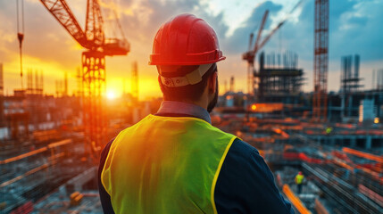 Silhouetted engineer standing on a busy construction site at night, with cranes and machinery operating under artificial lighting