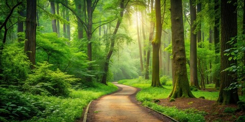 Poster - A serene path winding through a lush forest setting, nature, trees, greenery, peaceful, outdoor, tranquil, pathway