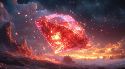 Sticker - A glowing red gem floating above a surreal landscape at sunset.