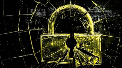 Poster - A glowing yellow padlock with a keyhole, shattered with cracks.