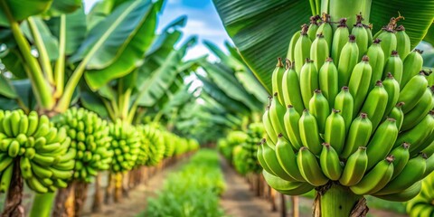 Canvas Print - Close-up of green tropical banana fruits growing on a banana plantation, tropical, banana, fruit, green, plantation, farming