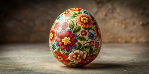 Poster - Intricately decorated egg with floral patterns on textured background, Easter, celebration, decor, design, handmade, intricate