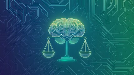 Poster - A glowing brain sits on a scale, symbolizing artificial intelligence and justice, against a digital circuit board background.