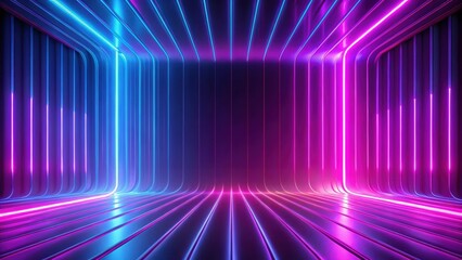 Sticker - Bright neon abstract background with glowing purple, violet, and pink lines ,  render, panoramic, abstract, neon, background