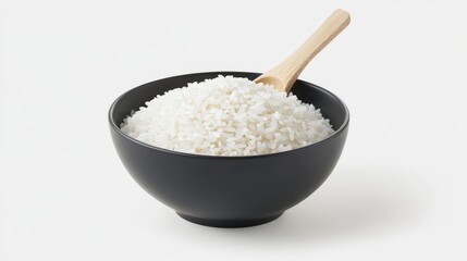 Bowl of Cooked White Rice with Wooden Spoon