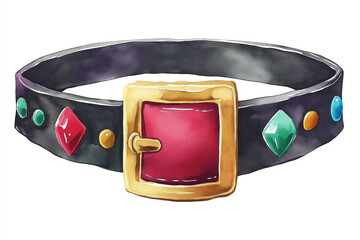 A black belt adorned with colorful gems and a shiny gold buckle, showcasing a stylish accessory for fashion enthusiasts.