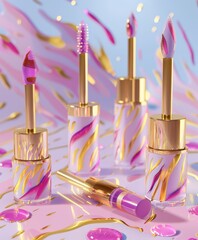 Four Golden and White Bottles of Purple and Pink Lip Gloss with Applicators