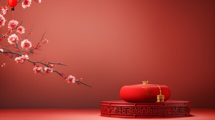 Red Chinese New Year Background with Plum Blossom Branch and Lantern