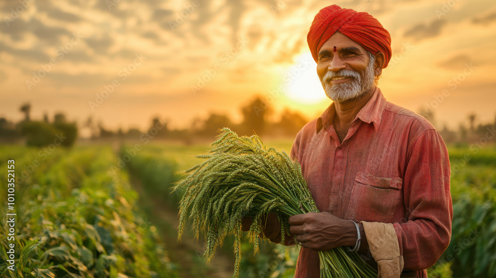 smiling Indian farmer in lush green field holding freshly harvested ...