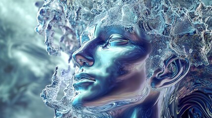 Abstract Metallic Human Face Emerging From Water