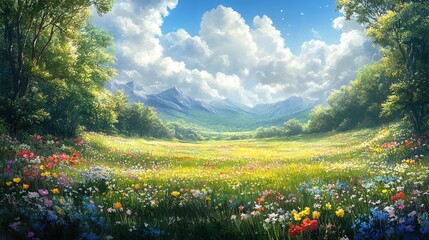 Poster - Wide panorama of a meadow with spring flowers