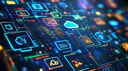 Poster - A colorful digital background with icons representing different elements of cloud computing, data storage, networking, and technology.