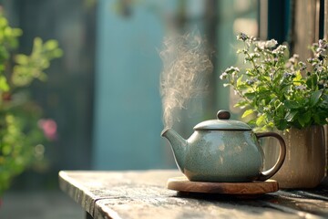 Wall Mural - Outdoor seating area with herbal tea and fresh herbs. The teapot is steaming, ready to pour