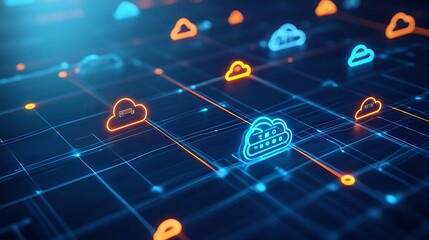 Poster - Abstract illustration of cloud computing with glowing icons on a digital network.