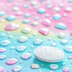 Single White Tablet on a Rainbow Water Droplet Background