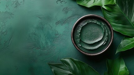 Top view of bowl with green beauty mask with natural ingredients