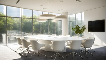 Wall Mural - Sleek modern office boardroom featuring elegant chairs and expansive windows with a touch of AI generative design