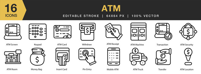 Poster - ATM icon set. Editable Stroke Icon Collection. Includes card, location, machine, receipt, truck, and More. Outline icons vector collection.