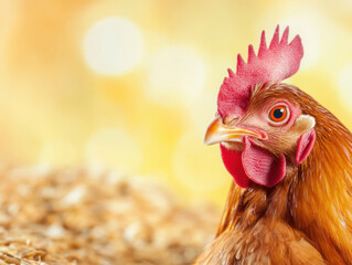 close up of chicken with vibrant feathers and striking comb, set against soft, blurred background. image captures essence of farm life and beauty of poultry