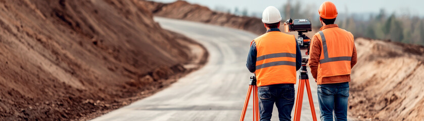 Construction workers using high tech surveying equipment on road project, showcasing precision and teamwork in dynamic environment