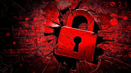 Poster - A red padlock is broken and shattered, symbolizing a breach in security.