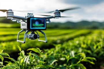 A high-tech tea plantation with holographic displays monitoring plant growth, where farmers use drones to manage the harvest in a seamless blend of agriculture and technology