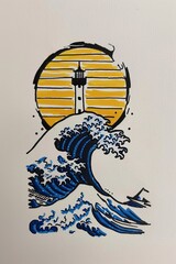 Sticker -  simple line drawing of the japanese wave and lighthouse logo in blue, yellow and white on paper