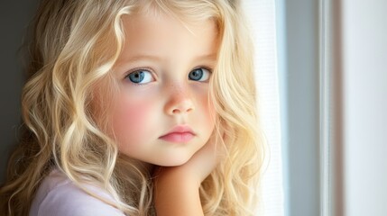 Poster - A little curly blonde girl gazes thoughtfully out the window, embodying innocence and warmth in soft natural light.