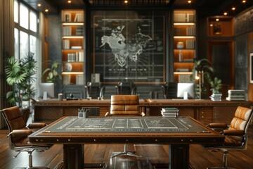 modern office interior with a large map on the wall and a table with two leather chairs. ai generati