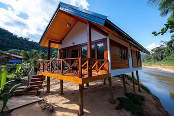 A rural home built on stilts near a river, showcasing traditional rural housing methods adapted to natural environments