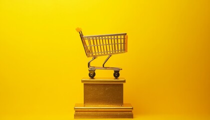 A shopping cart stands on a golden pedestal against a yellow background.