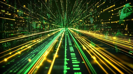 Aufkleber - Abstract digital tunnel with green and yellow lines and data.