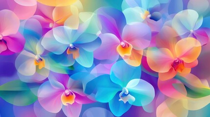 Wall Mural - A lively illustration showcasing an array of colorful orchids amid lush green leaves, exuding natures vibrant beauty.