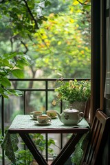 Wall Mural - Serene balcony with a small table set for tea. Herbal tea cups and a teapot are ready to enjoy