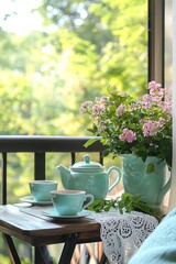 Serene balcony with a small table set for tea. Herbal tea cups and a teapot are ready to enjoy