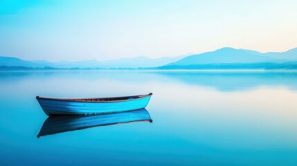 Poster - A serene blue boat floats effortlessly on a  lake, while soft hues create a dreamy backdrop.