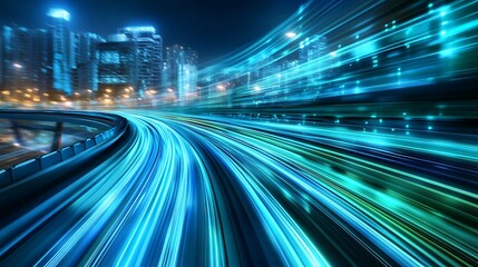 A night cityscape with glowing blue streaks of light representing fast speed and motion on an empty road.