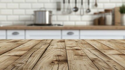 Wall Mural - A rustic wooden table captures attention with its rich grain, set against a softly blurred kitchen backdrop for branding.