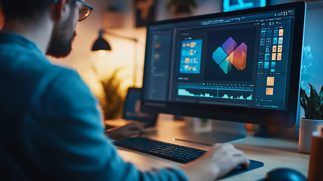 Graphic designer working on visual concepts for a branding project on a desktop computer.