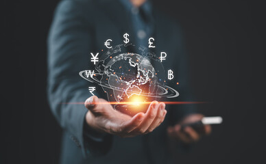 Poster - Online banking interbank payment concept. Businessman with virtual global currency symbols in hand. Money transfers and currency exchanges between countries of the world.