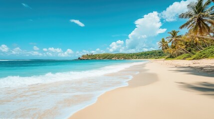 A pristine beach with soft white sand, calm turquoise waves, and palm trees swaying in the breeze under a clear sunny sky, creating a tropical paradise