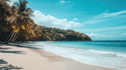 A stunning white sand beach with soft waves, lush palm trees, and a bright blue sky, evoking the perfect tropical vacation atmosphere