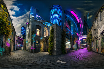 a cityscape showcases a seamless blend of ancient architecture and futuristic skyscrapers. the foreground reveals charming cobblestone streets and weathered stone buildings