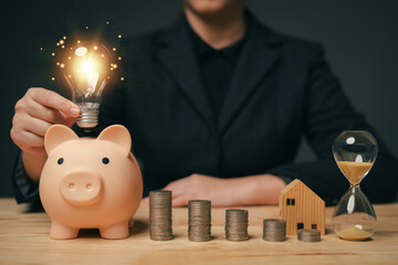 Poster - Ideas for saving energy. How to reduce electricity bills and increase savings. Saving money by saving electricity. Ideas for saving money and investing.