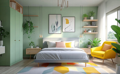 Wall Mural - A bright and colorful bedroom with green, yellow, white, gray, blue, and brown elements. The room features an elegant wooden bed frame