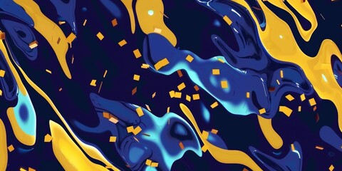 Abstract fluid shapes in blue and yellow with confetti. Digital 3D rendering art of yellow and blue swirling color mixing together Abstract shape concept. Contemporary decorative pattern. AIG51.