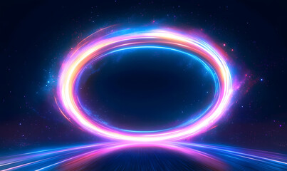 Energy flow tunnel. Blue portal, platform. Brilliant galaxy light blue ellipse glowing podium. Abstract bright neon loop with transparency. Night road speed illustration.