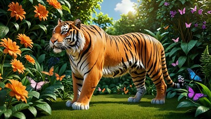 Wall Mural - A majestic Bengal tiger stands in a lush jungle, surrounded by vibrant flowers and butterflies.