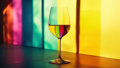 A wine glass reflecting vibrant rainbow colors against a multicolored background, creating a striking and vivid visual contrast.