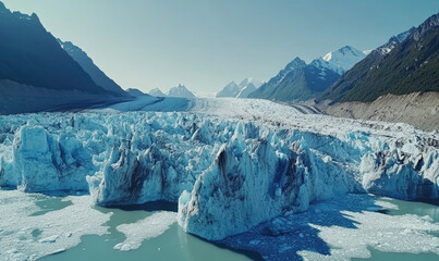 A drone shot of the glacial ice field the vastness is awe-inspiring and breathtaking